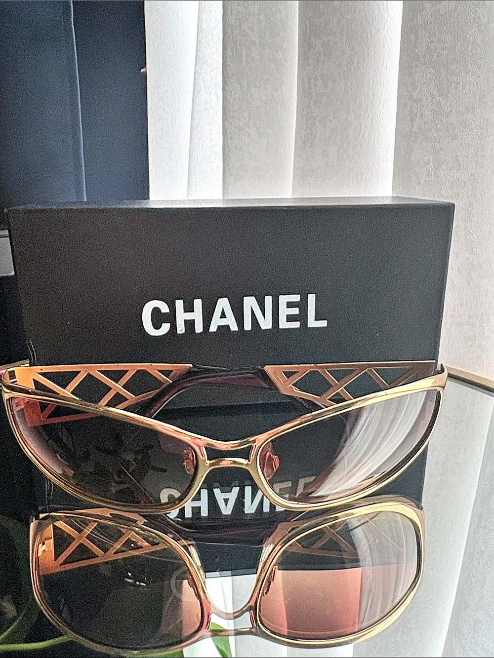 Chanel Lattice Rhinestone Sunglasses Embellished Brown & Gold Sunglasses